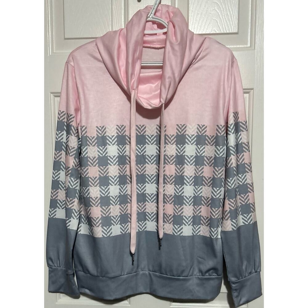 Women's Pink Gray White Plaid Splicing Drawstring Cow Neck Top Size M‎